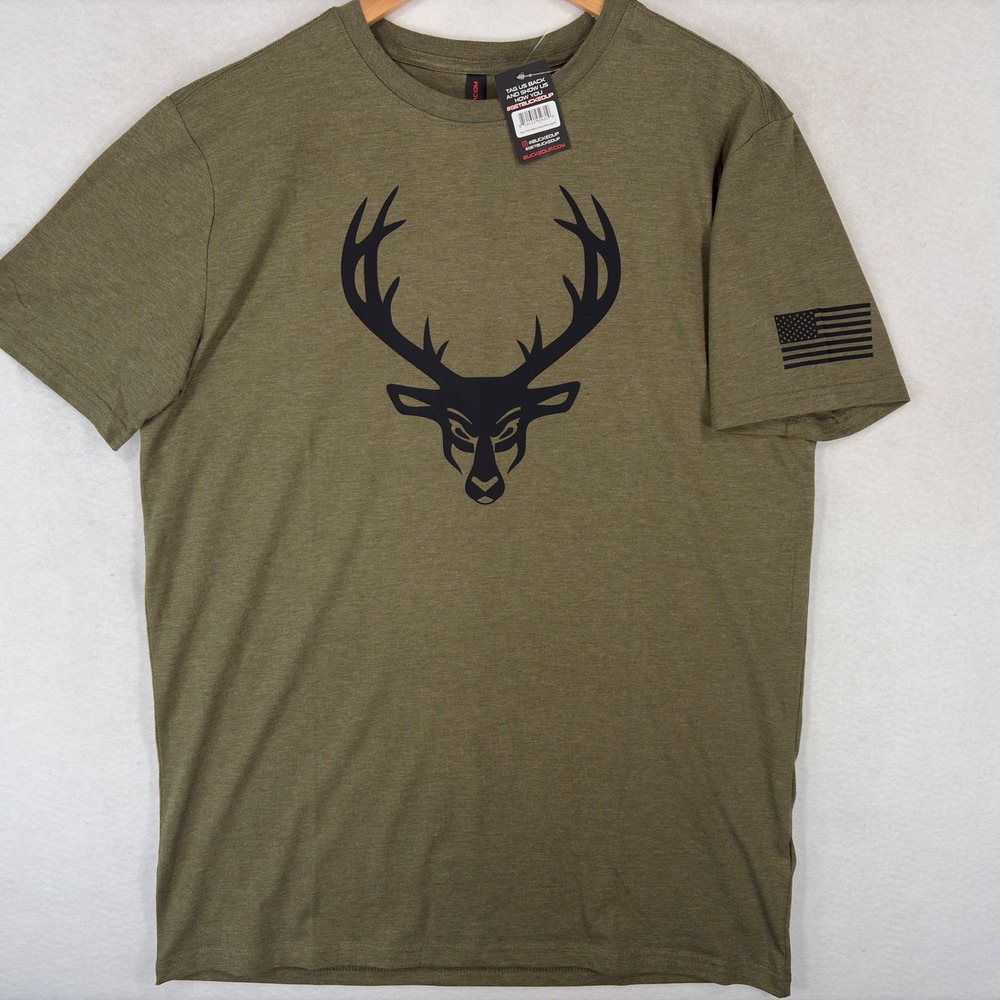 Bucked Up Mens XL Military Green Flag T-Shirt Black Deer Logo Short Sleeve Tee